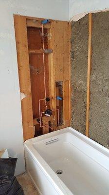 Custom tub/shower rough in. Set up for regular shower head, hand held sprayer and tub filler.