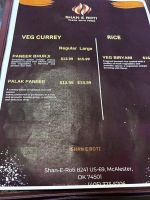 Menu-Veg Curry