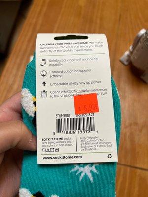 Orange label on socks purchased $8.95