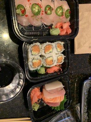 Yellowtail jalapeño, spicy salmon maki, sashimi sampler