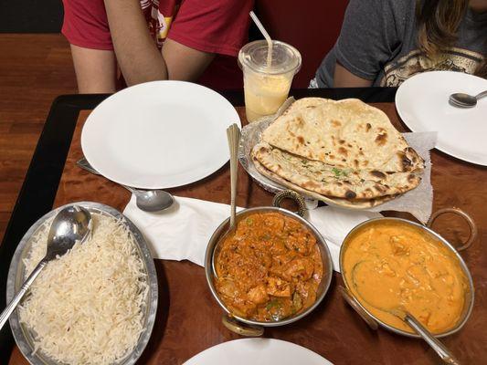 Garlic Naan, plain naan, Chicken Tikka Masala, Paneer Makhani and rice.