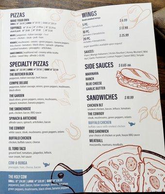 Menu - pizzas, sandwiches