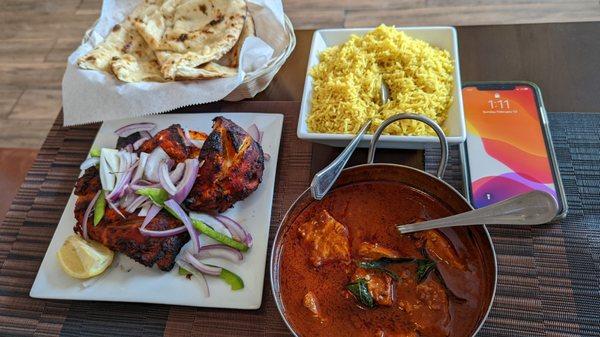 Tandoori chicken, butter naan, Kottayam fish curry