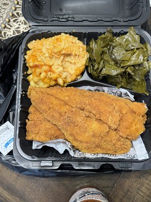 Swai fish with mac and cheese and greens