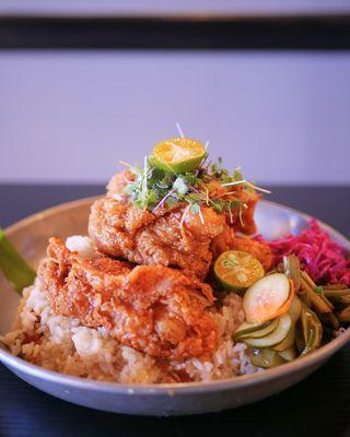 Fried chicken rice bowl with calamansi glaze