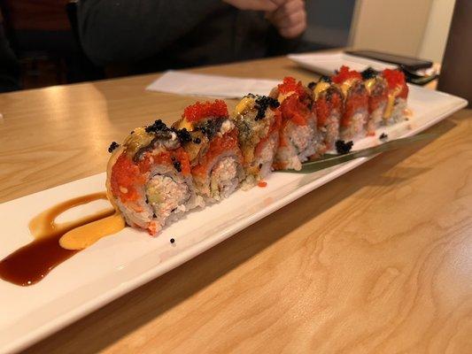 Las Vegas roll: california roll with spicy tuna and fried unagi on the outside