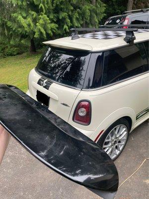 Used Black R56 COOPER S Spoiler - arrived a little dusty.