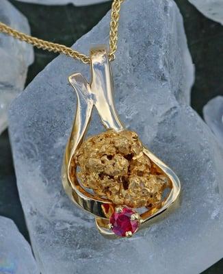 14Kt yellow gold pendant with a ruby and natural Alaskan gold nugget.  Style Number: GRP207R