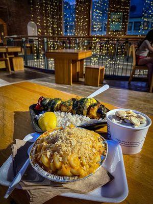 Lobster Mac & Cheese W/ Lobster Bisque, Swordfish Kebob, New England Clam Chowder