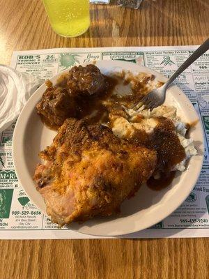 Some classics, Roasted chicken, real mashed potatoes n gravy with hand made meatballs. Just like my Mama used to make!!