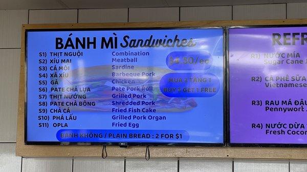 Sandwich menu. 4.50 each. Buy 3 get one free.