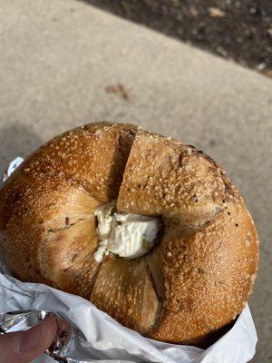 marble bagel toasted with jalapeño cream cheese