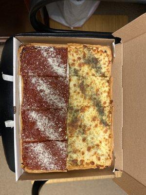 Whole pizza to go- siciliano style 1/2 white pizza and 1/2 tomato pie