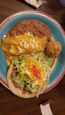 Mini Mexican Dinner. Enchilada, tostada, beans, rice.