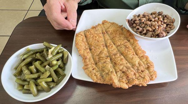 Chicken-fried steak, black-eyed peas, green beans