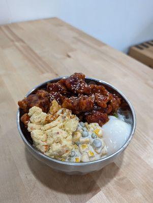 Build Your Own (white rice, glass noodle, Korean fried chicken, poached egg, corn cheese, potato salad, sweet sauce)