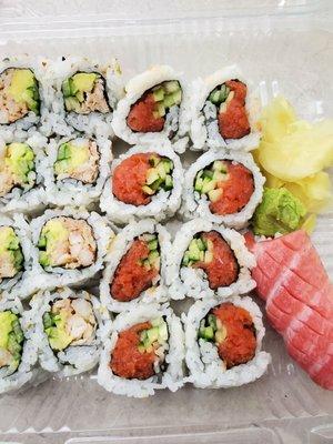 California roll with real crab, spicy tuna roll and one otoro nigiri