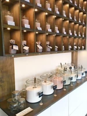 Create your own mineral enriched, essential oils infused bath salts to take home with you at our Salt Bar.