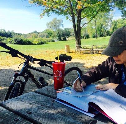 At Stoney Creek Park with my refillable BIG GULP and iced coffee