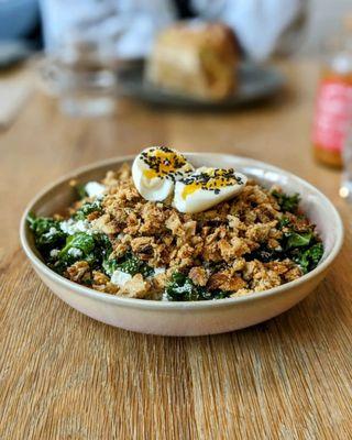 Lemon Kale Salad plus soft egg - bright, acidic, delicious! @bilalandjesseatfood