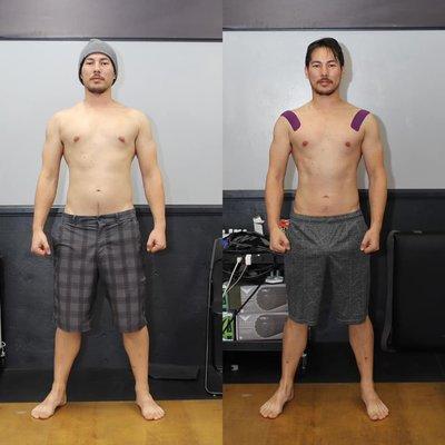 Left: (170lbs, 39.3% muscle) Before Nutrition Challenge Right: (160lbs, 40.5% muscle) After challenge