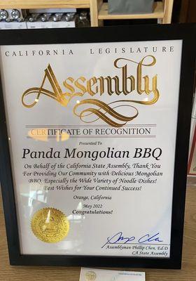 California State Assembly certificate of recognition for Panda Mongolian BBQ restaurant