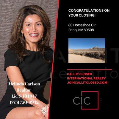 Congratulations to our Call It Closed agent Melinda Carlson on her Escrow Closing!