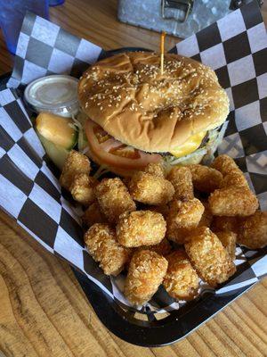 The Logger Burger with tater tots