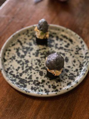 Fried Kumamoto Oyster yuzu kosho aioli, squid ink bubbles