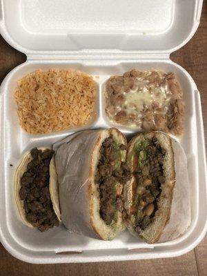 Carne asada torta and carne asada taco, rice and beans