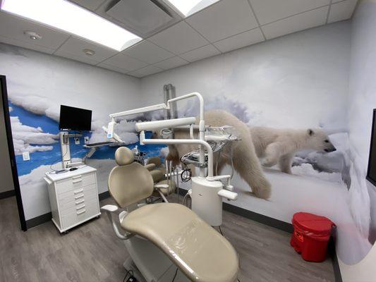 The Virgil location offers 2 pediatric dental suites, such as this room, to help ease young patients into their first visits.