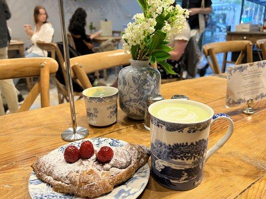 almond raspberry croissant and matcha latte