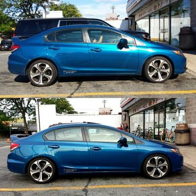 Before and after of the lowering springs installed at Spirit Service center.