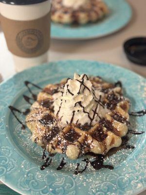 Chocolate chip waffle and pumpkin spice latte