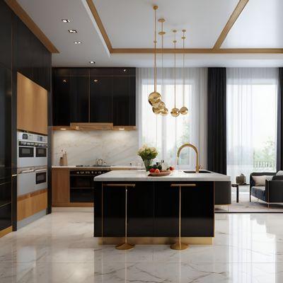 Modern kitchen with natural wood accents and sleek black cabinets. Stylish and functional, combining warmth with contemporary elegance.