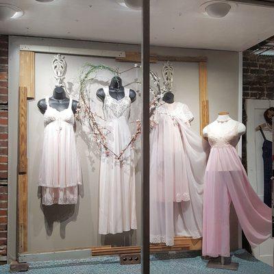 Valentine's day window display featuring vintage lingerie