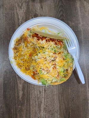 Combo Plate #1 = Taco and Tostada, served with beans and cheese, seasoned rice and a drink for $11.25...get in my belly!