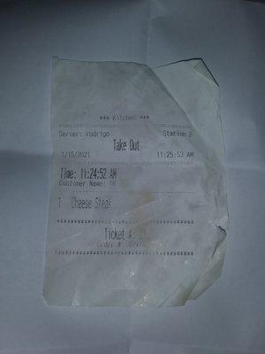 Receipt for Order  for Steak Burrito. Ticket 499796 or 8