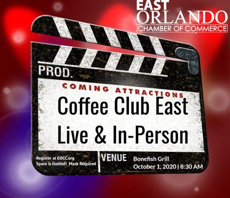 Thursday, October 1, 2020 Coffee Club East is LIVE & in-person at 8:30 AM.  We have Family Feud Fun! Register at eocc.org