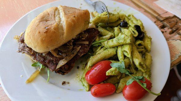 Great steak sandwich (ok only half after I started) and pesto pasta salad. Very good.