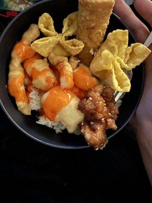 C1. Sweet and Sour Chicken H14. Sesame A3. Chicken Egg Roll A9. Crab Rangoon