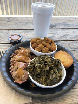 BBQ pork w/Carolina Mustard Sauce, Collards, fried Okra & cornbread muffin. Nothing better than that!