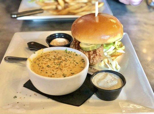 Fried chicken sandwich with beer cheese soup