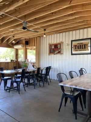 Covered outdoor seating, with mesh covering the window areas