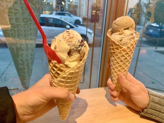 Buttermilk Cupcake & Salty O in the waffle cone! (L) Chai and espresso fudge swirl in waffle cone (R)