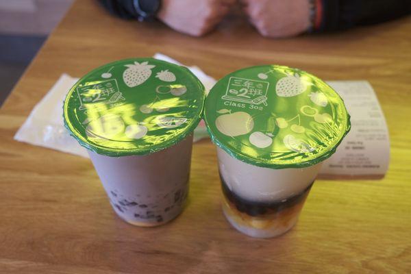 Build your own boba Left: taro milk tea + toppings Right: guava lychee slushy + toppings