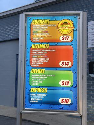 Menu options for touchless car wash