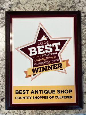 Winner of the " Best of Your Hometown" contest 
 category- Best Antique Shop