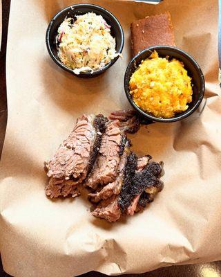 Brisket with Mac & cheese and cold slaw.