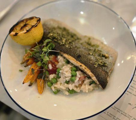 Trout with risotto and peas